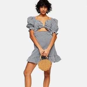 TOPSHOP Black and White Gingham Ruffle Mini Dress Size 4